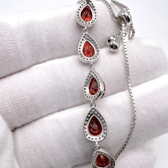 .925 Sterling Silver Pear Shaped Red Cz & Clear Cz Bolo Adjustable Bracelet - Picture 12 of 13
